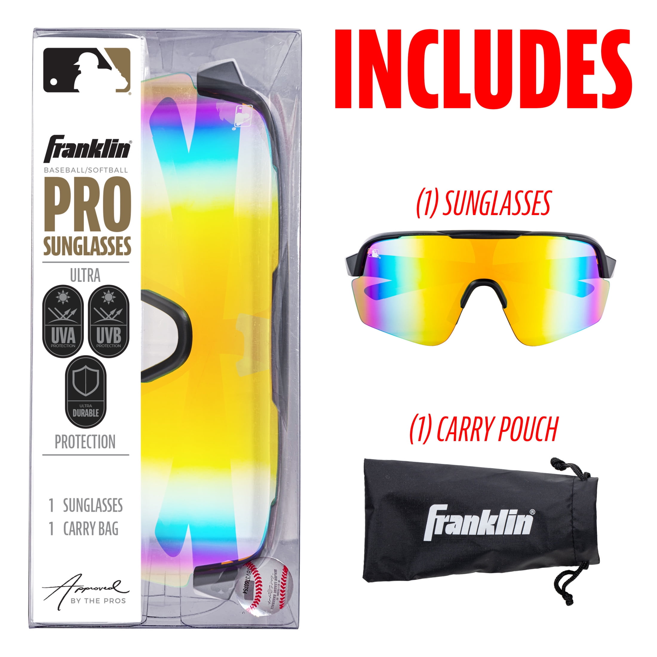 Franklin Sports MLB Baseball Pro Sunglasses - Baseball + Softball Sunglasses for Kids + Adults - Lightweight Sports Sunglasses for UV Protection - All Sport Sunglasses with Carry Case - Black