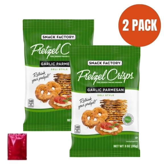 Snack Factory Pretzel Crisps Garlic Parmesan, 3 oz Bags, Pack of 2   BONUS LaPrima Morceau Bonbon, Crunchy Baked Pretzel Snacks