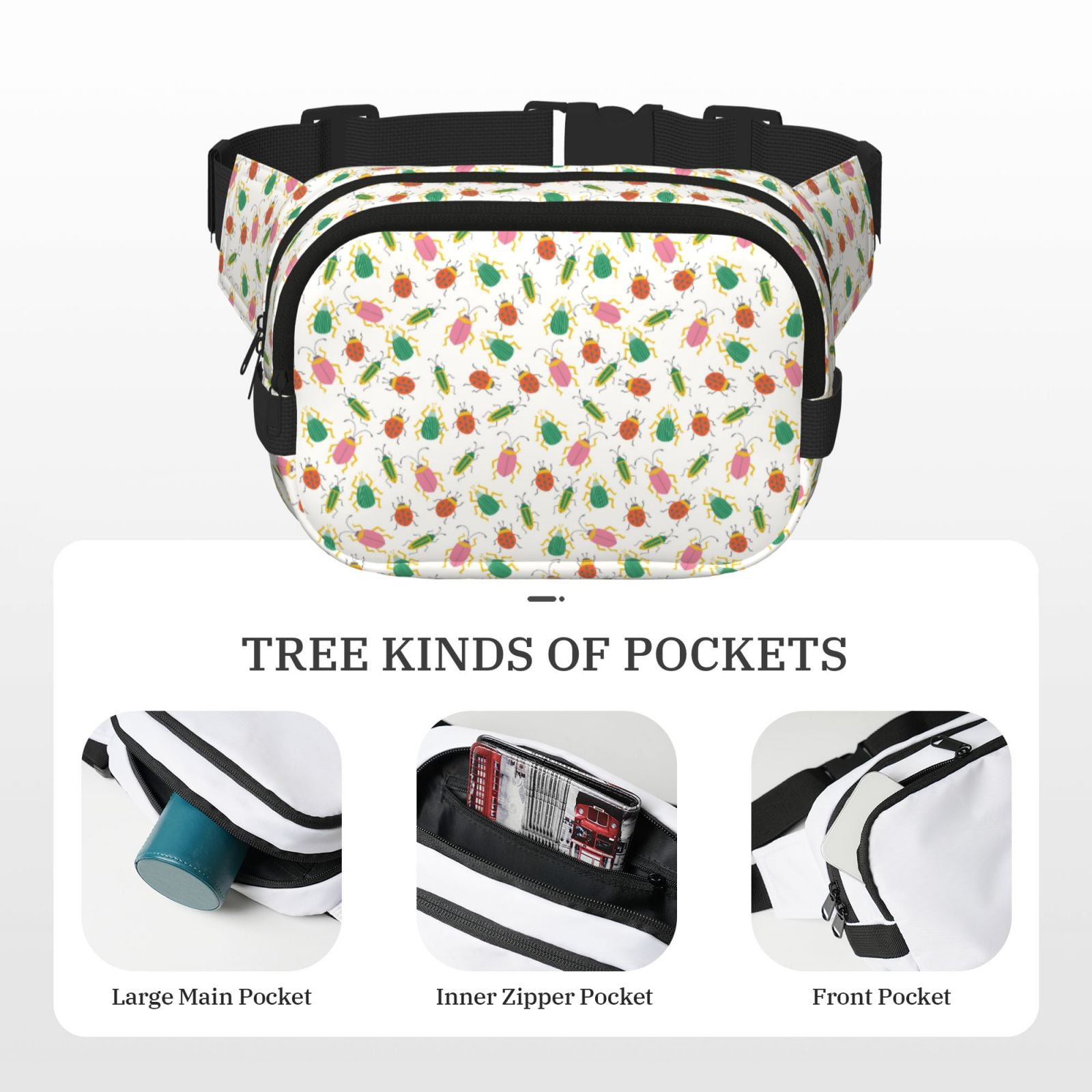 Picia Colorful Insect1 Print Square Double-Layer Waist Bag Mini Adjustable Waist Belt Bag Exercise Running Travel Hiking