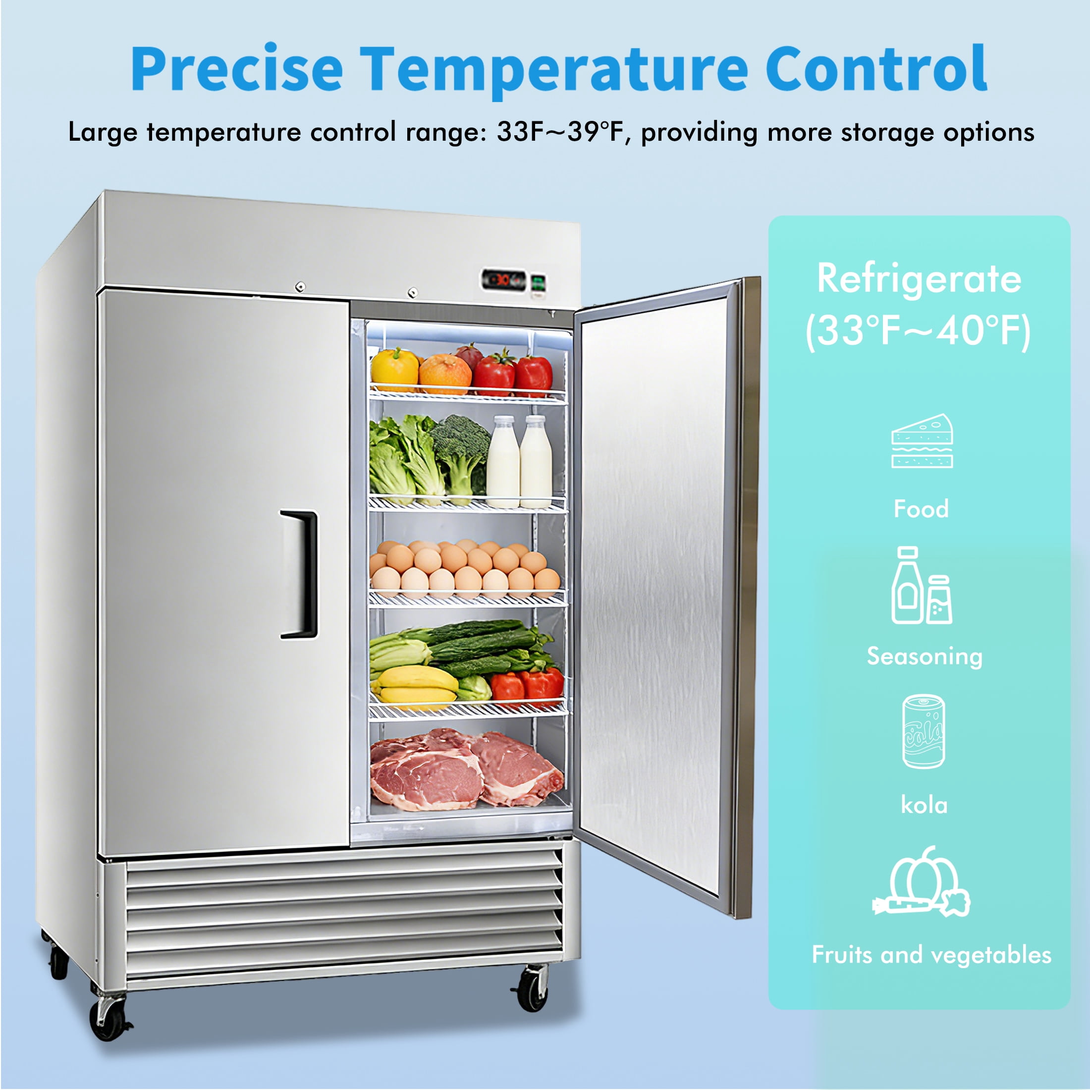CTOSPOATO Commercial Refrigerator 54" W 2 Section 2 Solid Door Stainless Steel Interior and Exterior Construction Upright Fan Cooling 42.2 Cu.ft for Restaurant,Bar,Shop