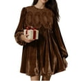 thumbnail image 4 of Women's Velvet Babydoll Dress with Lace Crew Neck Long Sleeve Pleated Swing Christmas New Years Eve Mini Dresses (L, Brown), 4 of 7