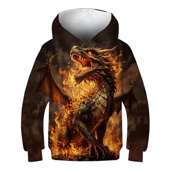 Rggeeun Child Boys Pullover Cartoon 3D Dragon Print Hoodie Long Sleeve Soft Casual Hooded for Fall Vacation Versatile Tops,Brown,18-24 Months