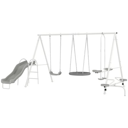 Resenkos 5-in-1 Swing Set, Heavy Duty A-Frame, Saucer Swing, Slide, Seesaw, Glider, Kids Outdoor Playset, Gray