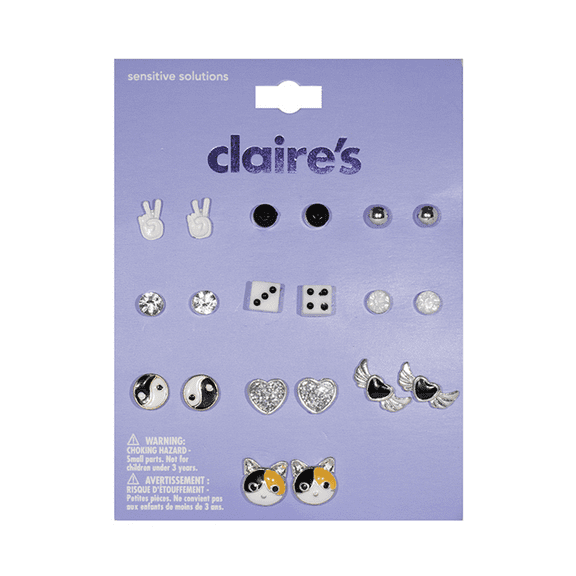 Claire's Girls Silver Black And White Stud Earrings Set, Metal Alloy, 10 Pairs Teen