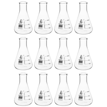 12PK Erlenmeyer Flasks 100mL - Borosilicate Glass - Narrow Neck Flasks Conical Flasks Glass Flasks - Eisco Labs