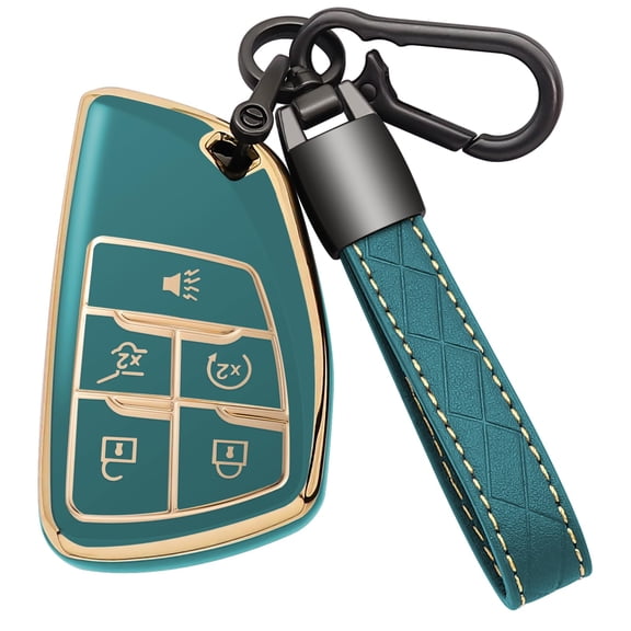 for Chevy Key Fob Cover with Leather Keychain Soft TPU Key Case Shell Holder Fits for Chevrolet 2021 2022 2023 2024 Suburban Tahoe Silverado 1500, for GMC Yukon Sierra 5 Button