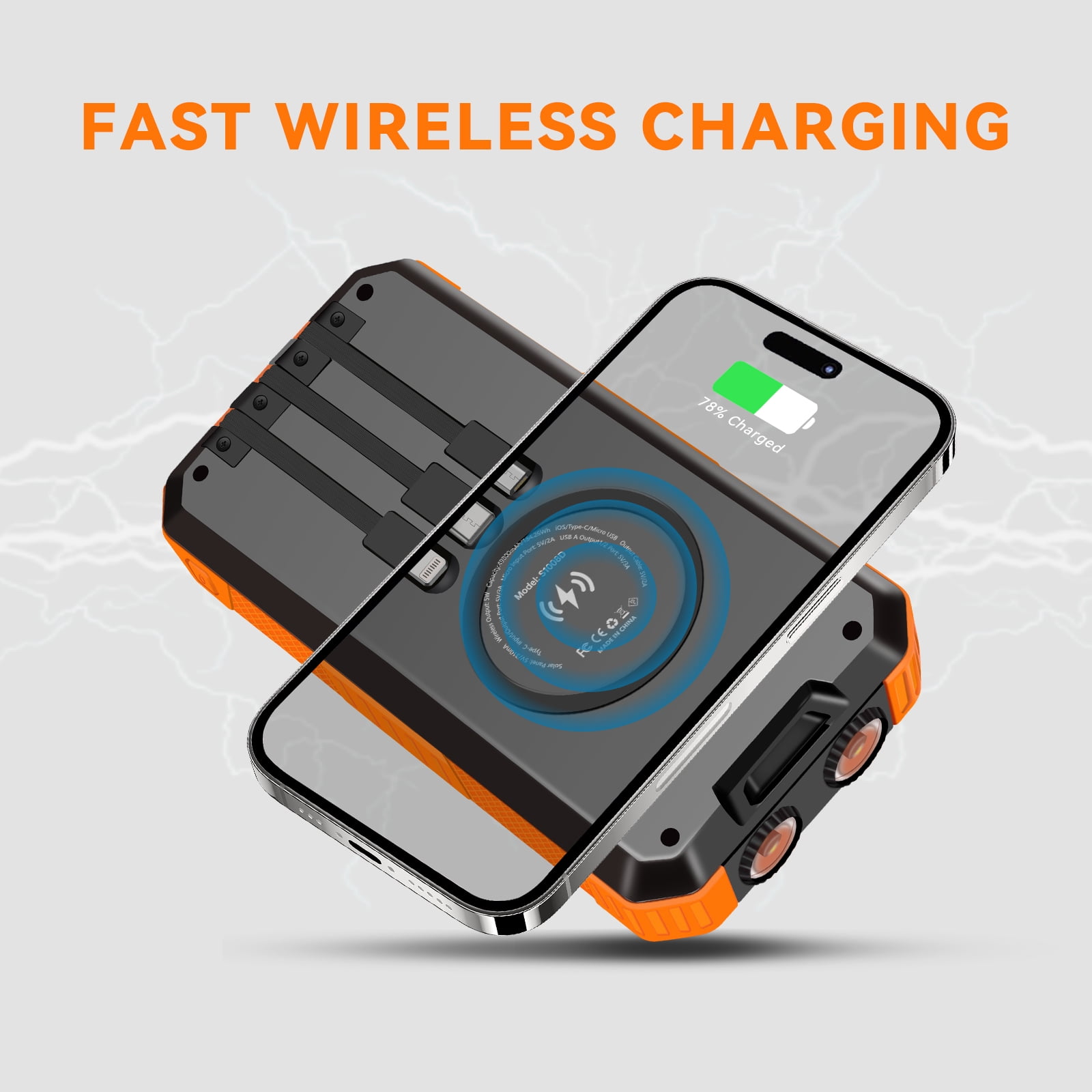 49800mAh Solar Power Bank Portable Solar Charger Built in 3 Cables and 5W Wireless Charger Power Bank,Built-in Super Bright Flashlight,Battery Pack Suitable for Outdoor Camping Hiking(Orange﻿)