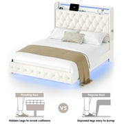 Hiphuta Queen Size Floating Upholstered Beds with LED Lights, Velvet Leather Sturdy Platform Bed with Charging Station & Button Tufted Headboard Storage, White