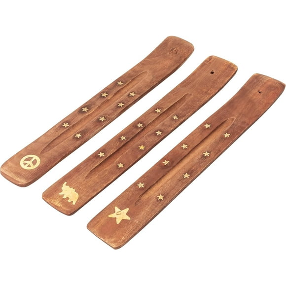 Tuzech Wood Incense Stick Holder Wooden Incense Burner Ash Catcher Incense Holder for Sticks with Inlays of Brass Assorted Styles Simple and Elegant Home Decoration 10 Inches Long Set of 3