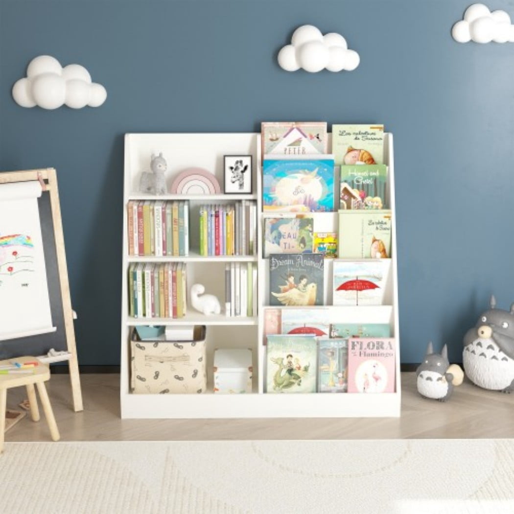 Kids Bookshelf and Toy Storage Organizer, Wooden Kids Bookcase with Multi-Level Shelves & Toy Storage, Children's Book Display Stand for Playroom, Nursery & Kids Room, White