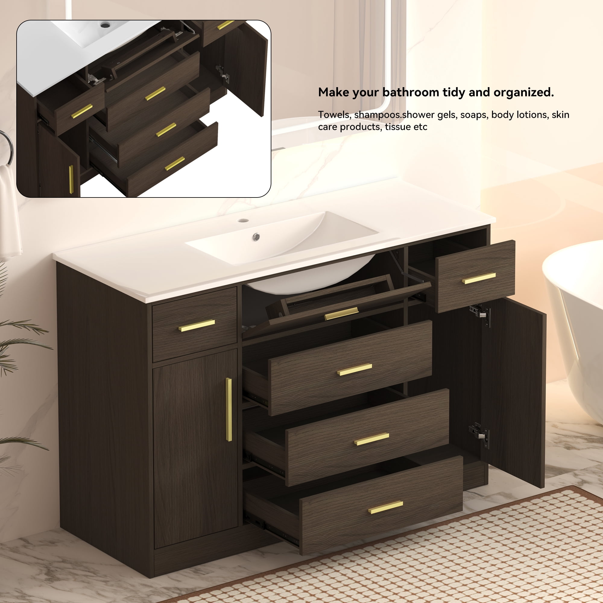 48 Inch Bathroom Vanity with Sink, 7 Drawers, 2 Soft Close Doors, Wood Cabinet, Dark Brown