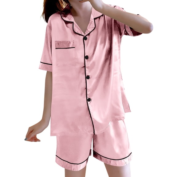 Kilaqueen Summer Pajamas for Women Silky Satin Short Sleeve Button Down Shirt & Shorts Set 2 Piece Pj Set Sleepwear Loungewear Nightwear