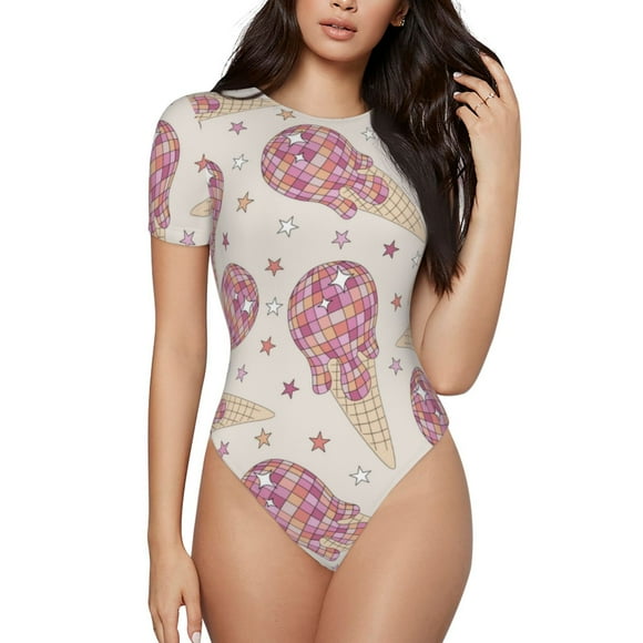 Balery Sparkling Ice Cream Body de cuello redondo de manga corta para mujer Tops de manga corta Tops básicos-Small