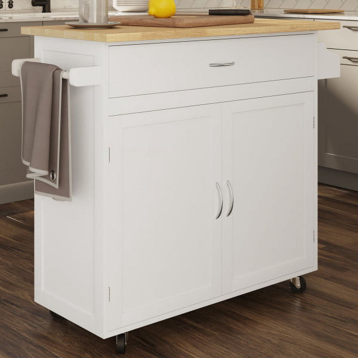 Lavish Home  Kitchen Island with Spice Rack and Storage Cabinet – Rolling Cart with Drawers (White)