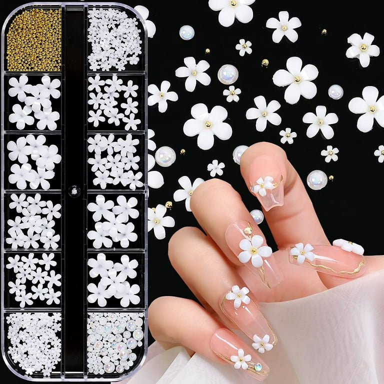 Dornail White Pink 3D Acrylic Flower Nail Charms With Pearl Golden Caviar  Beads Nail Art Accessories Nail Designs for DIY Nail Decorations Nail Art  Supplies