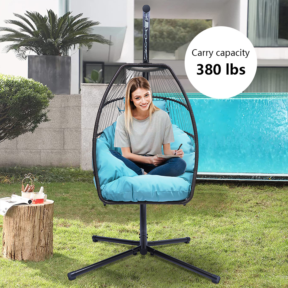 Wicker Hammock Chair, Outdoor Patio Hanging Egg Chairs with Stand, UV Resistant Hanging Chair with Comfortable Blue Cushion, Durable Indoor Swing Chair for Bedroom, Garden, Backyard, 350lbs, L3954 - image 2 of 8