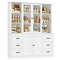 Hiphuta 63" Wide Large Kitchen Pantry Cabinet with Glass Door, 74" Tall Kitchen Storage Cabinet with 6 Drawers, Farmhouse kitchen Hutch for Kitchen Dining Room, White