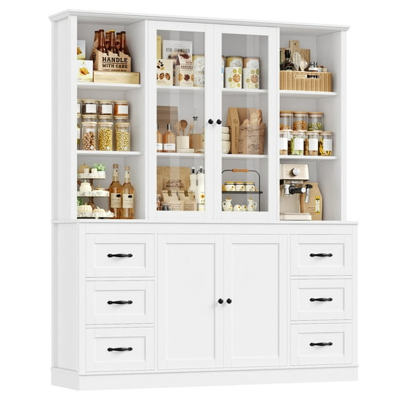 Hiphuta 63" Wide Large Kitchen Pantry Cabinet with Glass Door, 74" Tall Kitchen Storage Cabinet with 6 Drawers, Farmhouse kitchen Hutch for Kitchen Dining Room, White