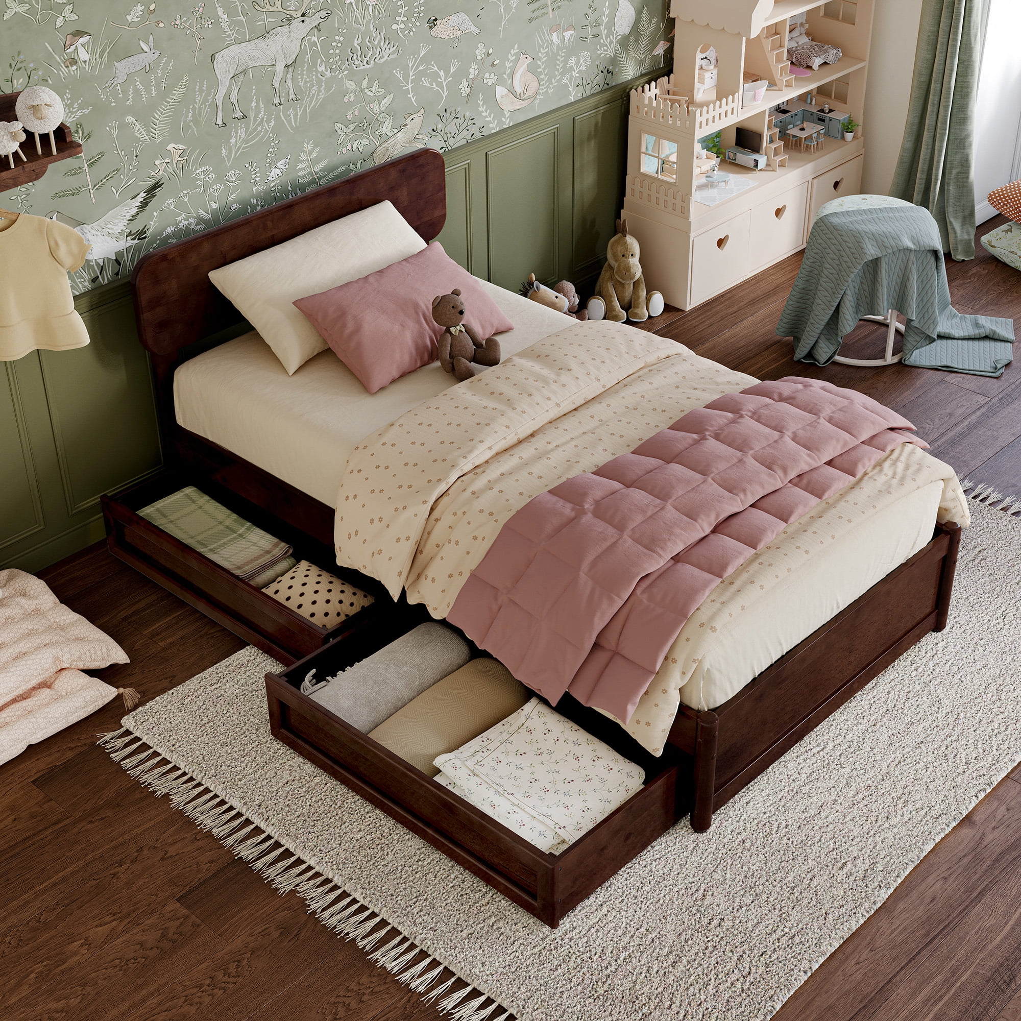 AFI Capri Twin Solid Wood Platform Bed with Panel Footboard and Storage Drawers, Walnut