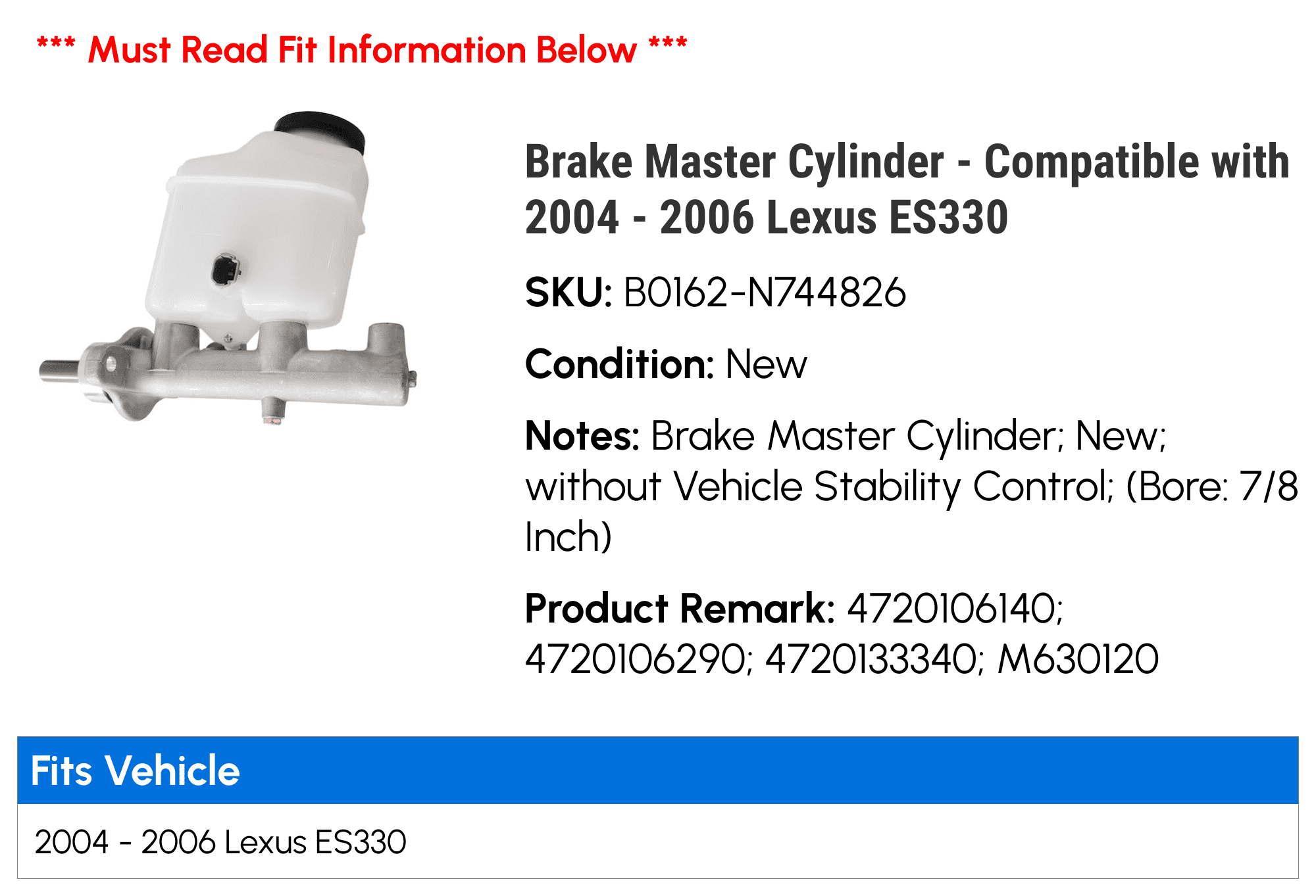 Brake Master Cylinder - Compatible with 2004 - 2006 ES330 2005