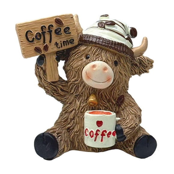 Xinsrenus Ornement en Résine Vache Décoration Maison Bureau, Figurine Adorable à Thème Café avec Enseigne en Bois, Décoration de Bureau Artisanale en Résine pour Amateurs de Café Étagère Bibliothèque Bureau