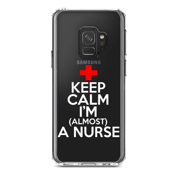 DistinctInk Clear Shockproof Hybrid Case for Samsung Galaxy S9 (5.8" Screen) - TPU Bumper Acrylic Back Tempered Glass Screen Protector - Keep Calm I'm Almost a Nurse