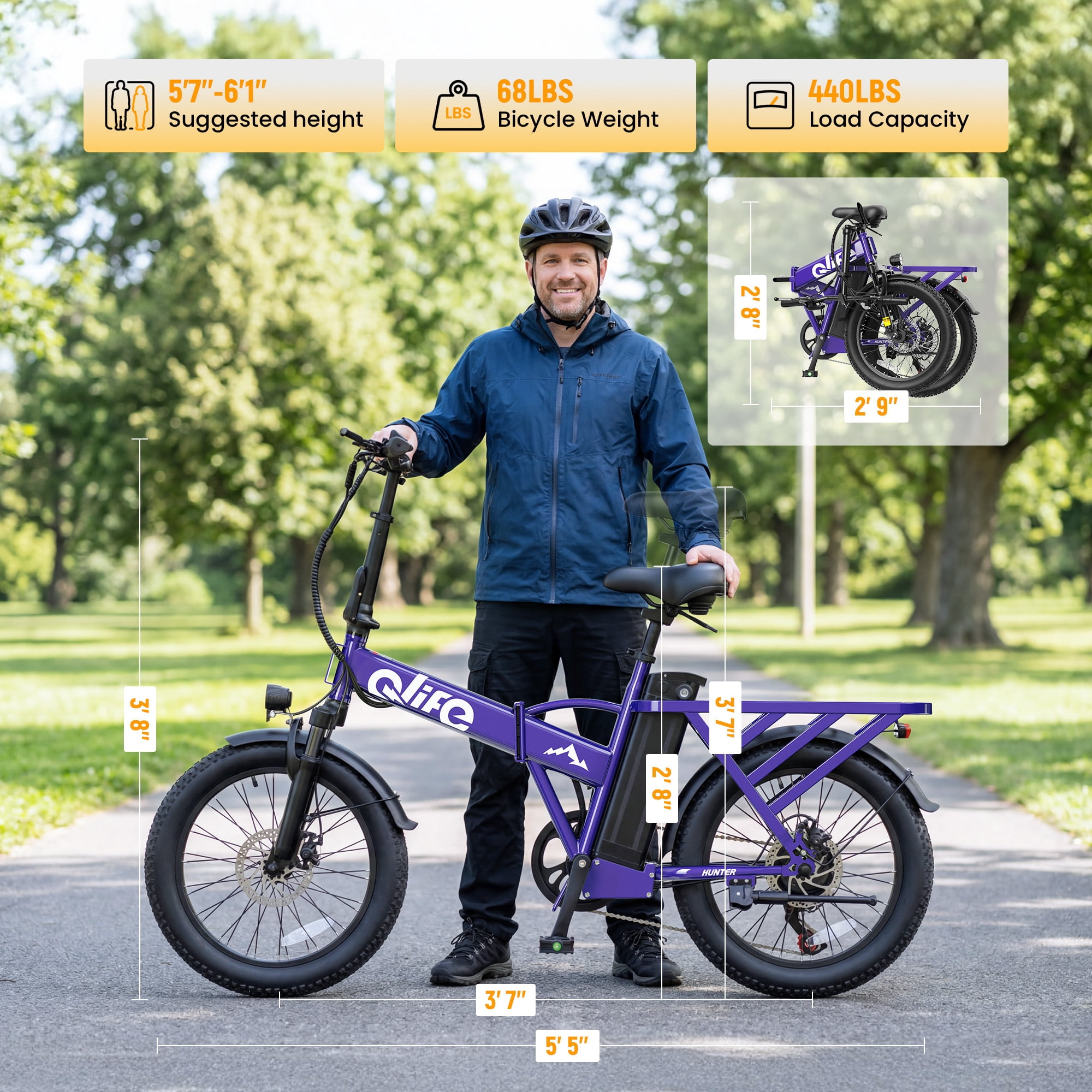 20" Foldable Electric Bike Fat Tire for Adults, 1200W Peak, 48V 13.5Ah, 28MPH 65Mi Max Range E Bike, 5-Speed Riding, Folding Electric Bicycle, Purple