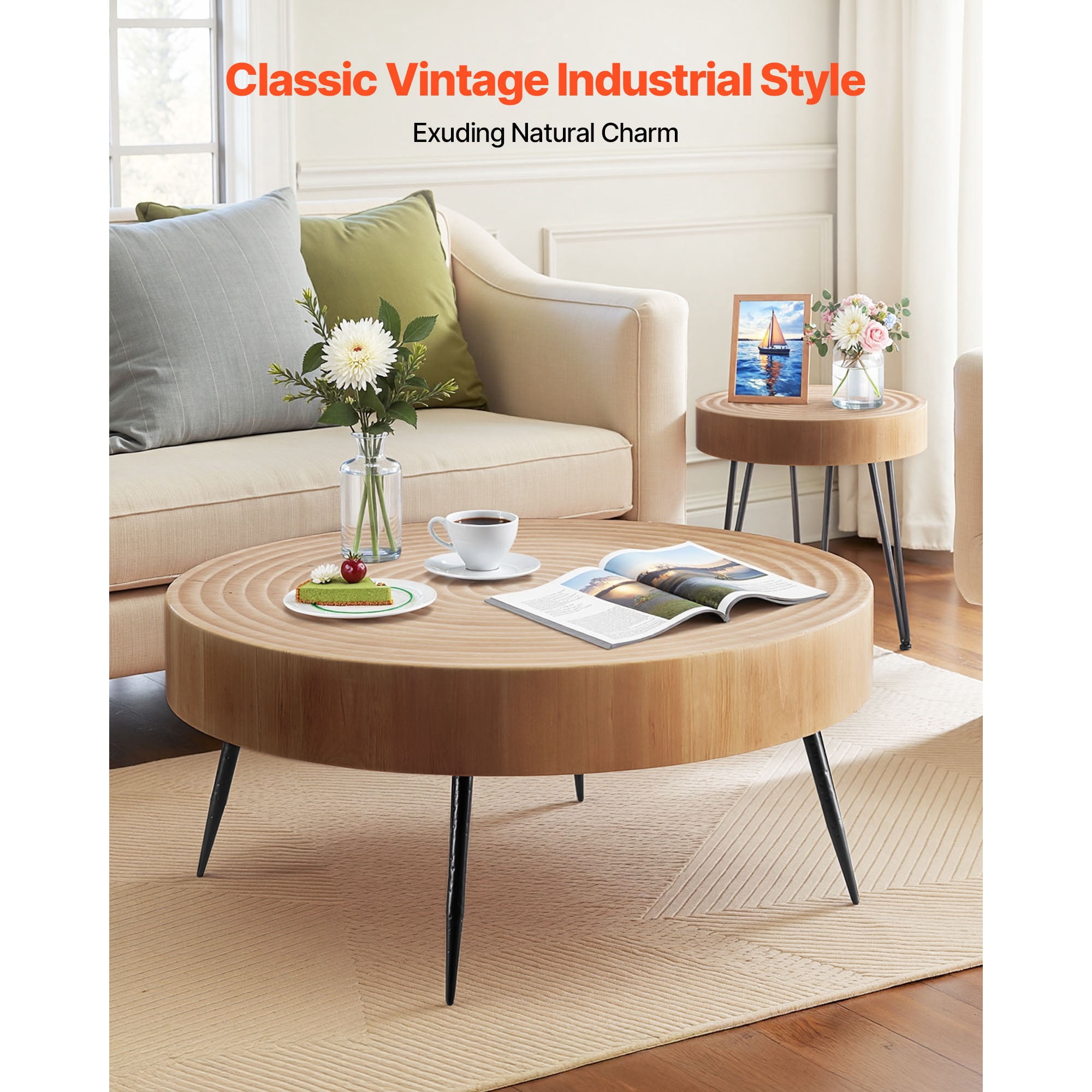 KFFKFF 2-Piece Round Coffee Table Set, 31.3-Inch Industrial Style with Side Table, Easy-to-Assemble Tables with Metal Legs for Living Room, Office, or Apartment
