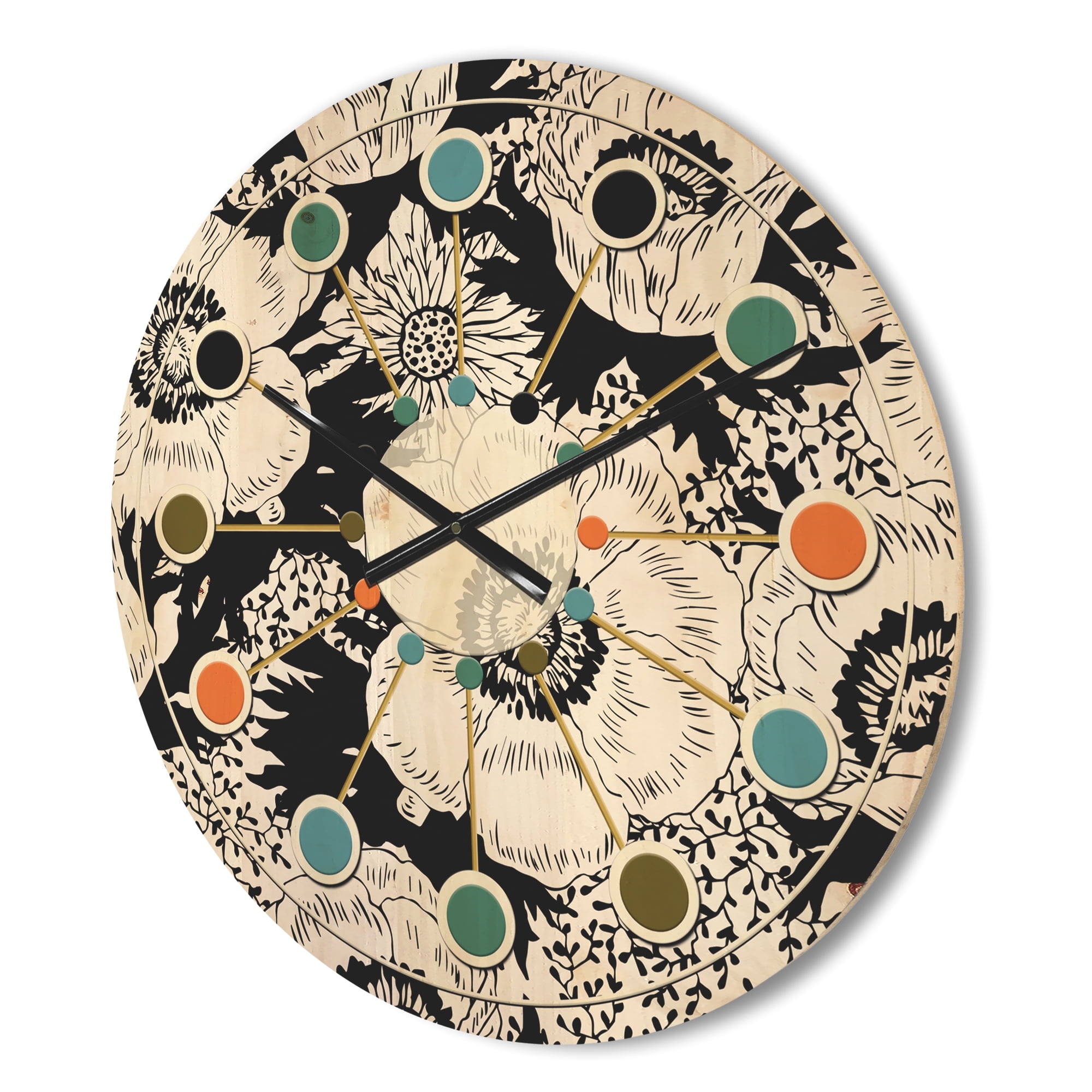 Designart 'Retro Black and White Flowers Pattern' Mid-Century Modern Wood Wall Clock