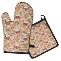 Beige Christmas Gingerbread Man Pattern Kitchen Oven Mitt and Pot Holder Sets 2 Pcs for Baking, Cooking and Grilling, Heat Resistant Up To 392 °F