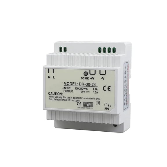 EDISA CORP DR-30-24 DIN Rail Power Supply, 24V 1.5A 36W, Input 100-240VAC 50/60Hz