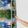 thumbnail image 3 of Creowell  Tropical Shower Curtain, Rippling Sea Palms and Exotic Village Scene Through Open Window, Cloth Fabric Bathroom Decor Set with Hooks,  Green and Sea Blue White, 3 of 7