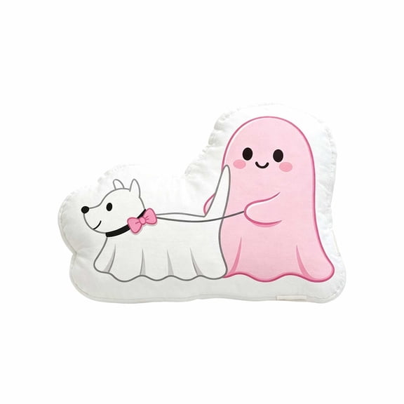 PSVFUJZ Halloween Throw Pillow, Soft Cotton Embroidered Cushion, Pink Cute Spooky Ghost Dog Pillow, Fall Seasonal Home Decoration for Sofa Couch Bedroom Living Room Indoor