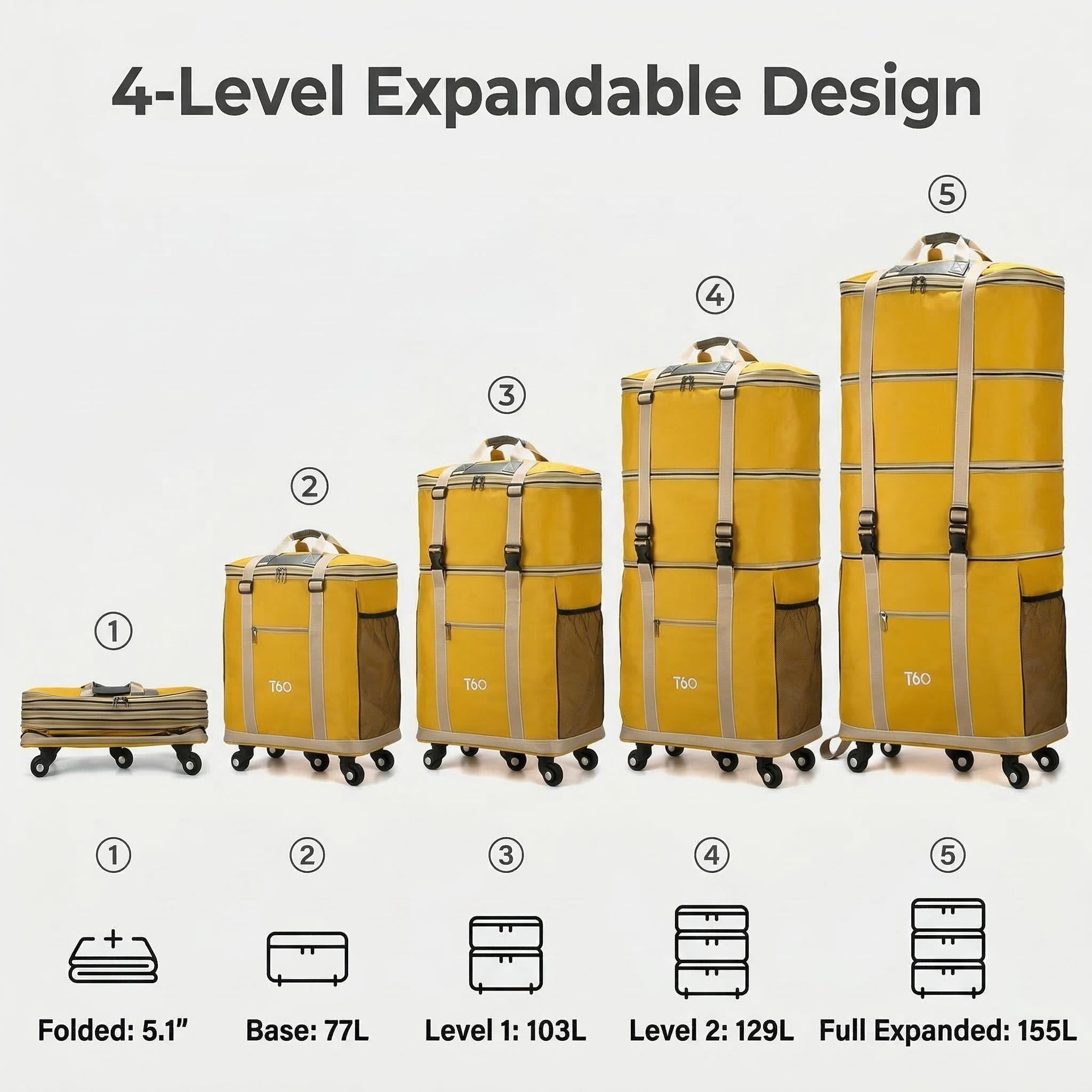 155L Extra Large Rolling Duffel Bag with 5 Spinner Wheels, 4-Level Expandable Checked Luggage, Water-Resistant Foldable Suitcase for Moving, Travel, College Dorm, and Home Storage, Yellow