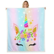 Unicorn Size Throw Blanket, Rainbow Unicorn Fleece Blanket ren Women Bedroom, Kawaii Eyelash Sherpa Blanket Pastel Gradient Glitter Plush Bed Blanket
