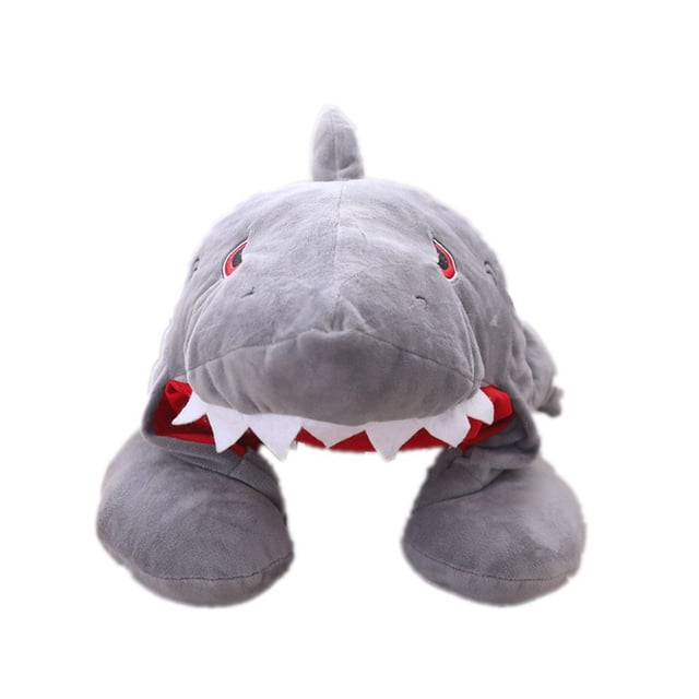 GOOHOCHY Forma de tiburón Almohada para el cuello con capucha Novedad Sombrero de tiburón Sombrero de tiburón lindo Accesorios de ropa de cosplay divertidos Almohada de viaje Juguete de peluche Apoyos