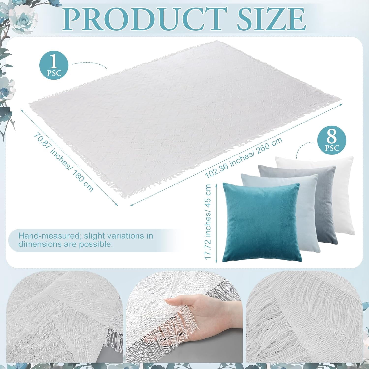10 Pcs 71''x102'' Extra Large White Outdoor Boho Picnic Blanket with Table Runner 8 Blue Throw Pillow Cover Oversized Washable Portable Beach Blanket for Valentine Picnic Camp Lawn Wedding