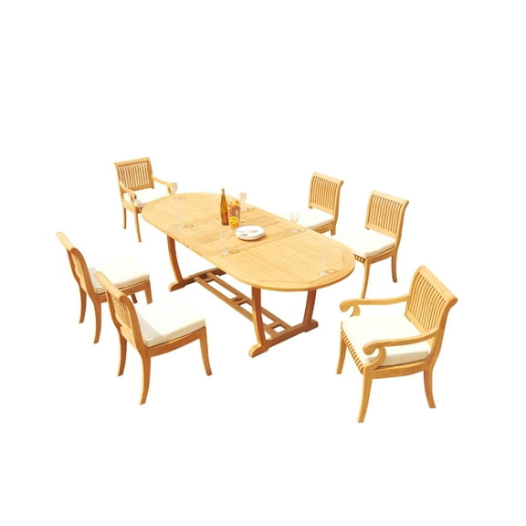 Grade-A Teak Dining Set: 6 Seater 7 Pc: 94" Mas Oval Trestle Leg Table And 6 Giva Chairs (2 Arm & 4 Armless Chairs) Outdoor WholesaleTeak #51GV2307