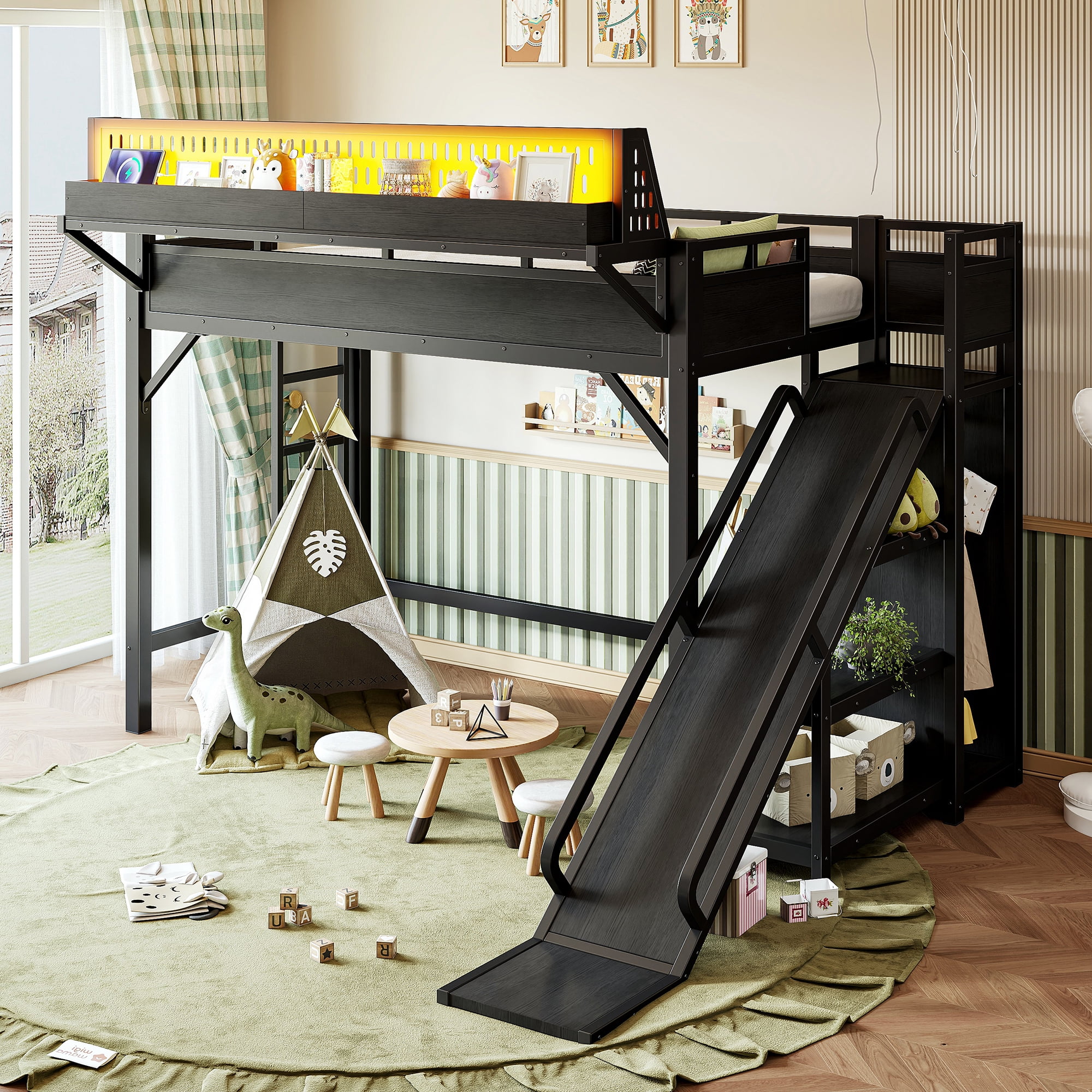 Leumius Twin XL Size Loft Bed with Slide,Storage Shelves and Built-in Wardrobe,Metal Loft Bed Frame with USB Ports and LED Lights,Pegboard,Safety and Solid,