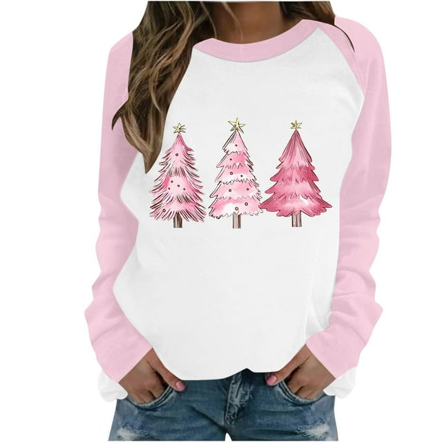 Chandail Raglan à Manches Longues à Col Rond pour Femmes, Décontracté, avec Imprimé de Noël