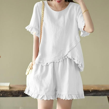 SBYOJLPB 2 Piece Sets for Women Summer Women s Hollow Lace Lace Retro Cotton Irregular Set White 6(M)