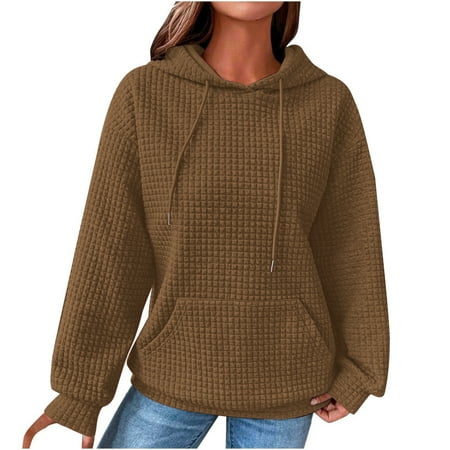 WCMZJ Womens Hoodies Pullover Quilted Long Sleeve Knit Oversized Sweatshirt Fall Drawstring Hooded Sweatshirts with Pocket Brown M