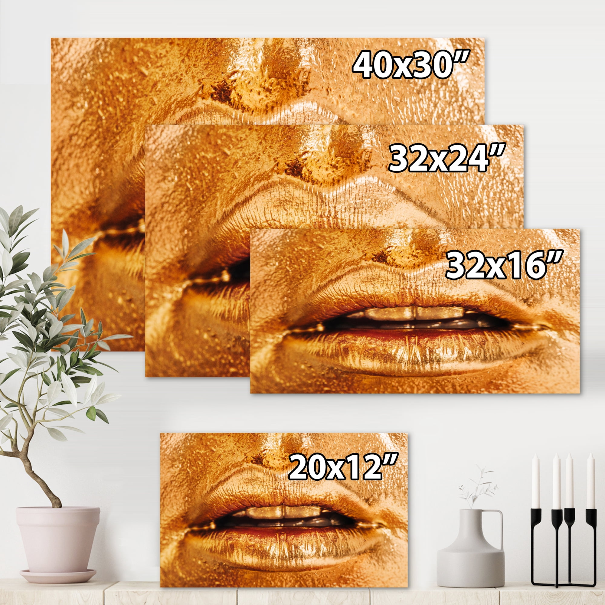Designart ' Close Up Of Female Lips With Bright Golden Makeup ' Modern Canvas Wall Art Print