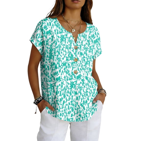 LWavelet Women's Floral Print Blouse Short Sleeve Tops Button Decor Pocketed Casual Basic Tee Cyan M
