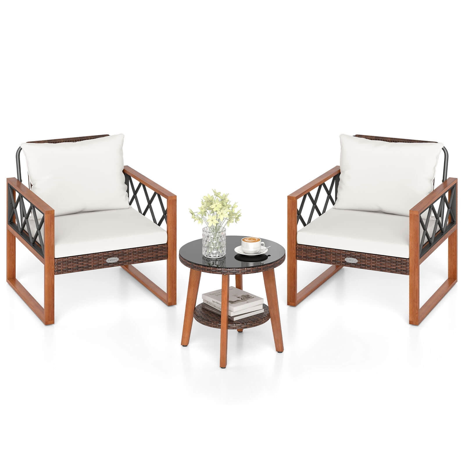 Costway 3 PCS Patio PE Wicker Furniture Set with Solid Acacia Wood Frame & Cushions