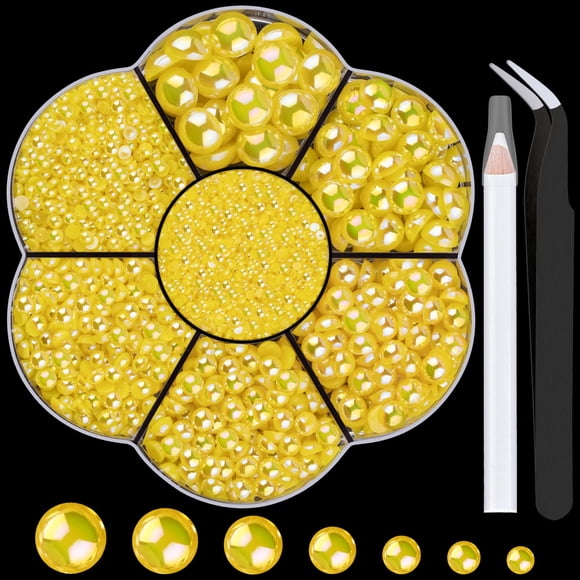 Kits de perlas semicirculares con parte posterior plana para decoración de uñas, 30, 1 caja de 6000 piezas de perlas AB de color amarillo limón con parte posterior plana con pinzas y lápiz selector pa