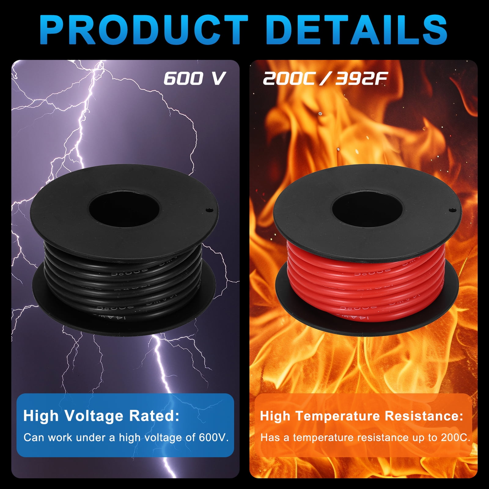 Uxcell 2pcs 14 AWG Silicone Electrical Wire Spool, 14 Gauge 4.6m/15ft Electrical Wires, 600V 200C Tinned Copper Stranded High Temp Battery Wire for Automotive, RV Inverter - Red & Black
