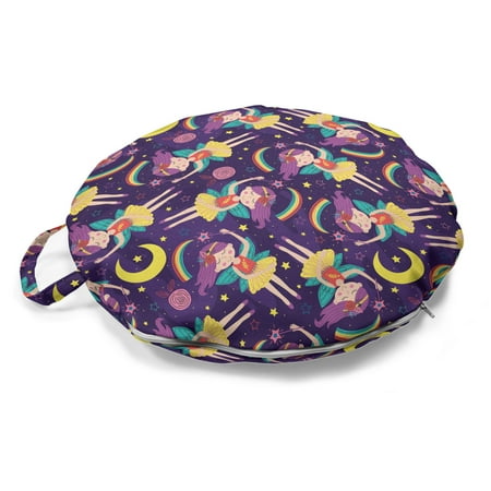 

Fantasy Round Floor Cushion with Handle Colorful Nighttime Sky Scene with Stars Rainbow Moon and Fairies Decorative Pillow for Living Room & Dorms 18 Round Quartz and Multicolor by Ambesonne