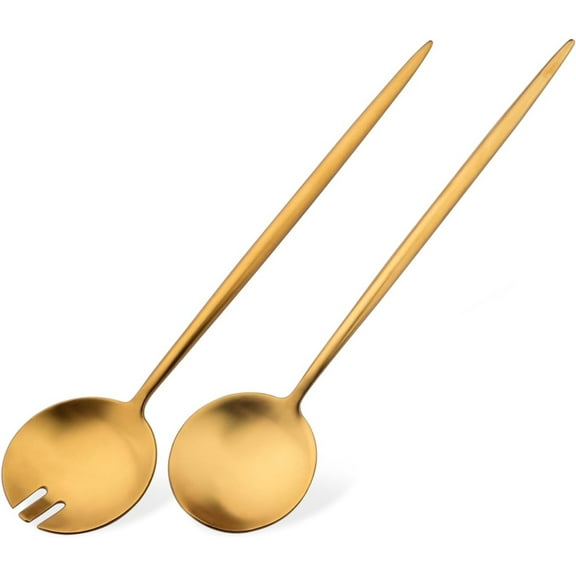 Tutuviw Long Handle Salad Serving Utensils,2Pcs 11.4" Stainless Steel Serving Spoons,Long Handle Salad Servers,Gold Silverware Salad Utensils for Serving,Dishwasher Safe(Gold, Satin Finished Polished)