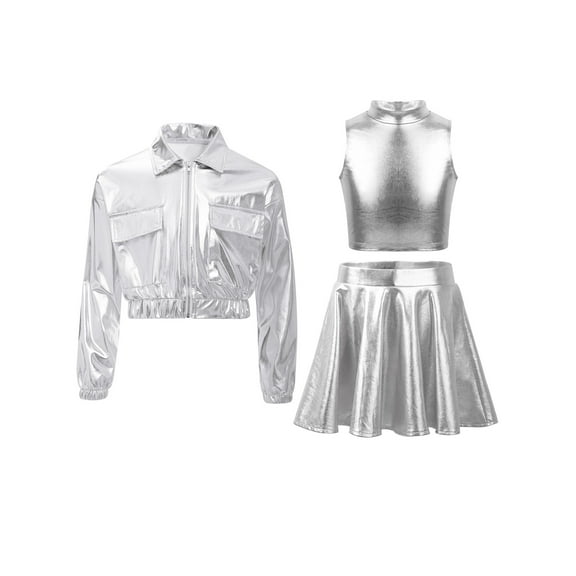 TSSOE Kids Girls Shiny Metallic Long Sleeve Bomber Jacket Jazz Hip Hop Dance Coat Crop Top And Skirt Set Silver 8